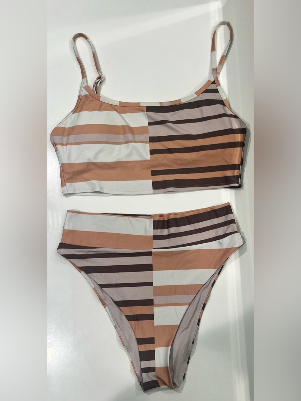 aerie color block high waisted Striped Bikini Set in Brown, Beige, White